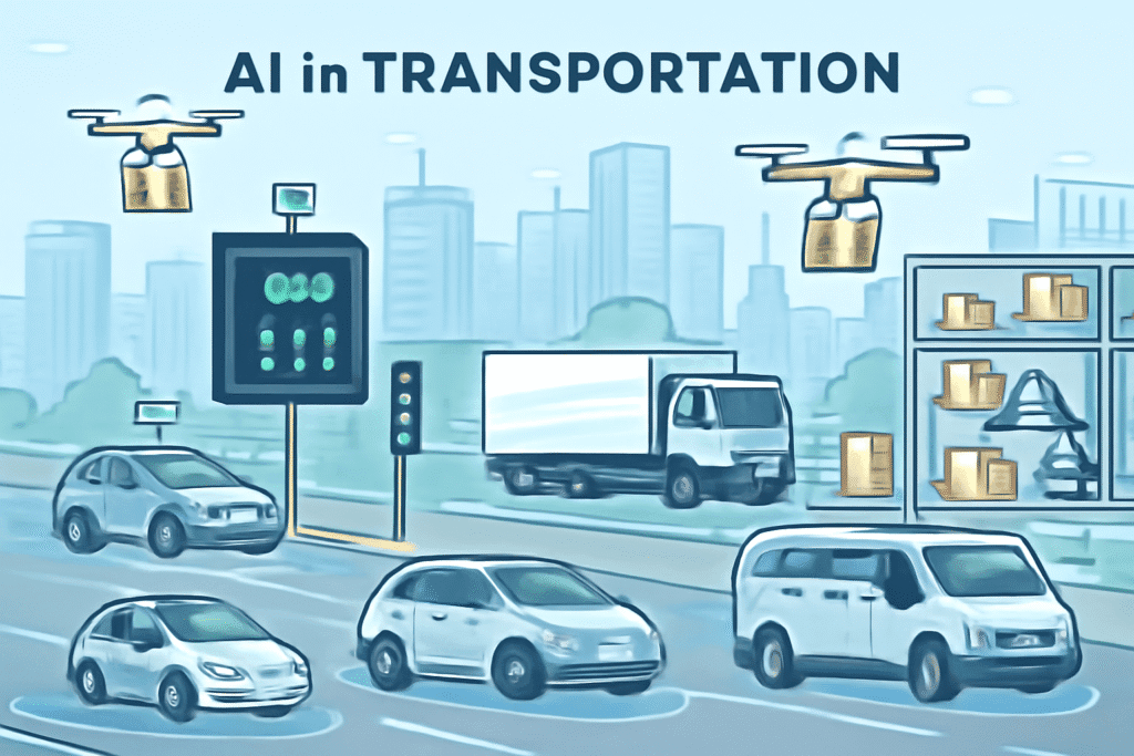 ai-transportation-diagram.jpg Diagram showing AI in transportation with autonomous cars and logistics
