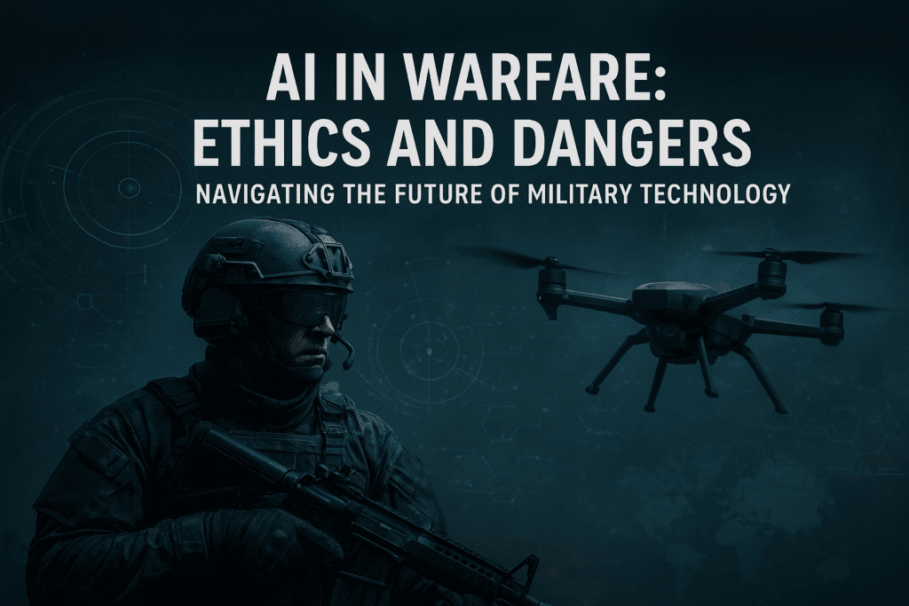 autonomous-military-drone-battlefield-ethics.jpg Autonomous military drone hovering over battlefield illustrating AI in warfare ethics and dangers