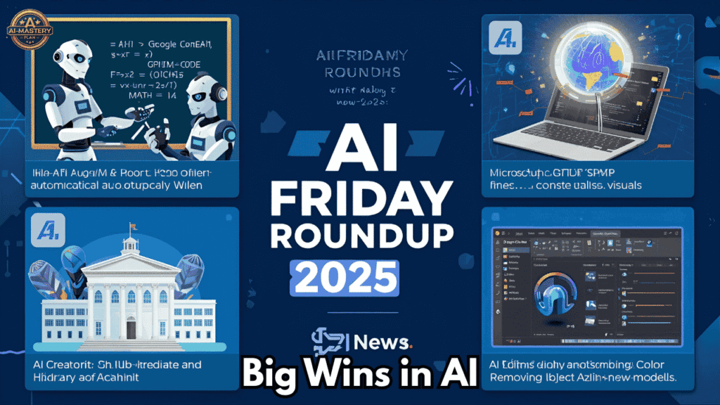 AI Friday Roundup 2025 graphic showing AI robots, app coding, and creative video editing.