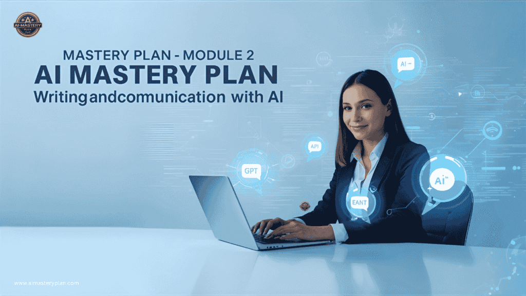 A professional course banner titled AI Mastery Plan – Module 2 Writing and Communication with AI, showing a learner typing while AI holographic text and ChatGPT icons float