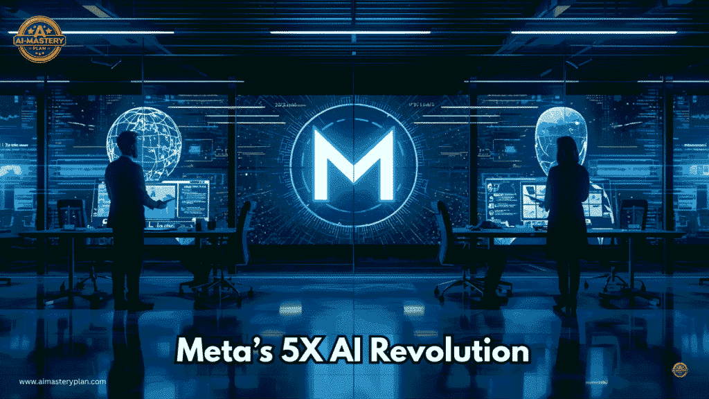 Meta employees collaborating with advanced AI systems inside a futuristic digital workspace, representing Meta’s AI4P “Think 5X, not 5%” productivity initiative.