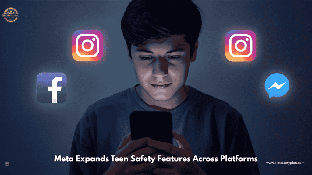 A teen browsing safely on phone as Meta expands teen safety features across Facebook, Instagram, and Messenger.
