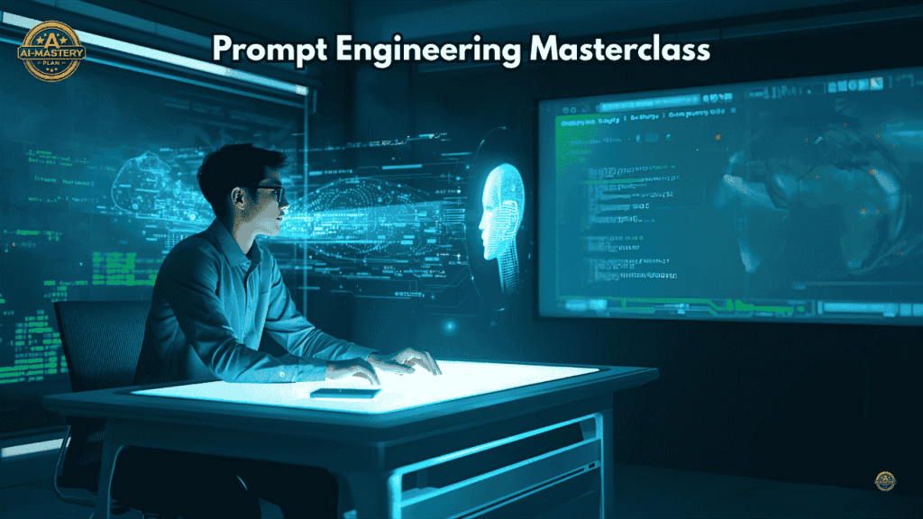 A futuristic person sitting at a glowing desk, typing on a holographic screen while a luminous artificial intelligence hologram responds through digital light waves. The background displays data streams and neural patterns, symbolizing communication between human intelligence and AI. Designed in soft blue and green tones to represent learning, technology, and connection.