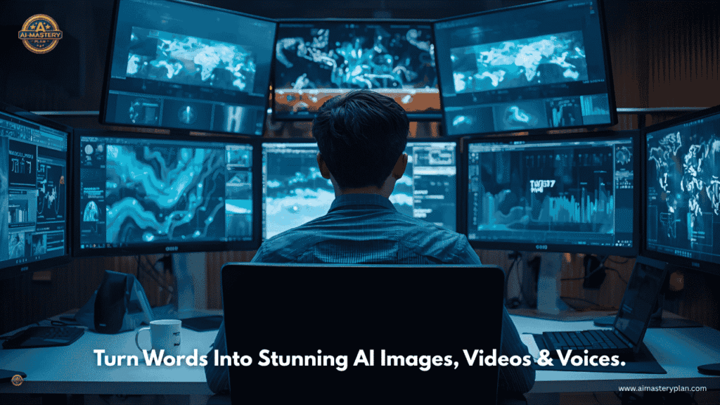 Digital concept showing AI creating images from text input on a glowing interface.