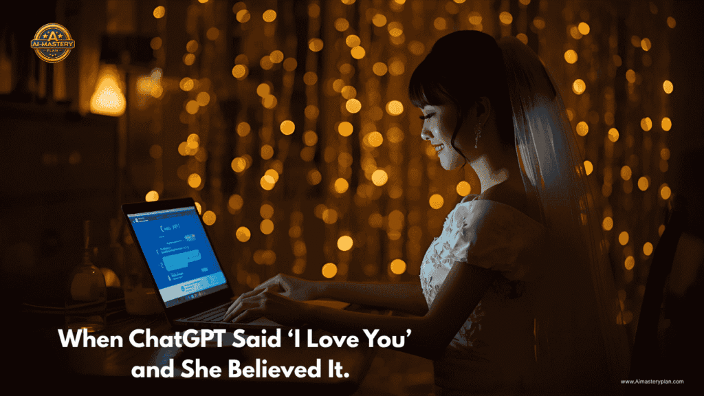 A Japanese woman gazing affectionately at her laptop screen displaying ChatGPT, symbolizing emotional connection between human and AI.