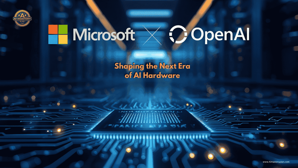A futuristic AI semiconductor chip representing Microsoft and OpenAI’s collaboration on next-generation hardware.