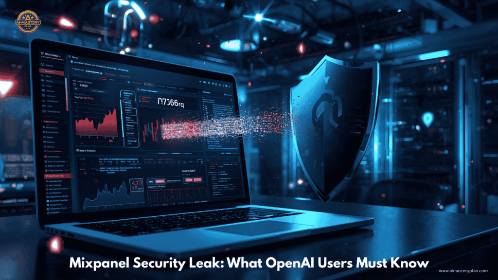 “Illustration of a Mixpanel data leak being blocked by an OpenAI security shield in a cyber environment.”