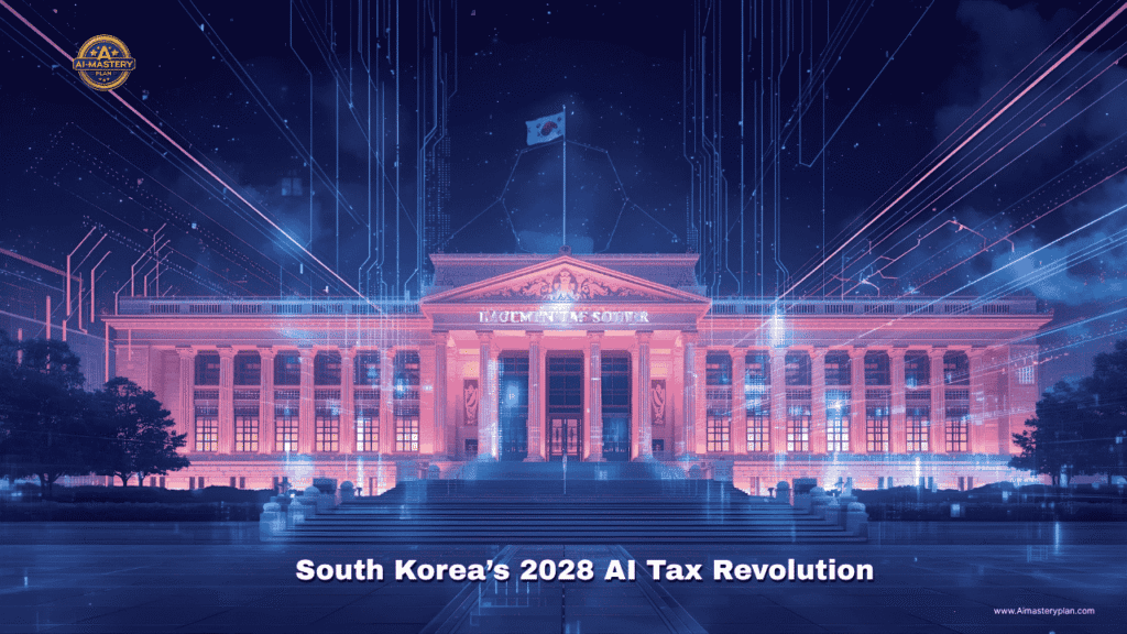 A futuristic illustration of South Korea’s National Tax Service adopting AI by 2028.