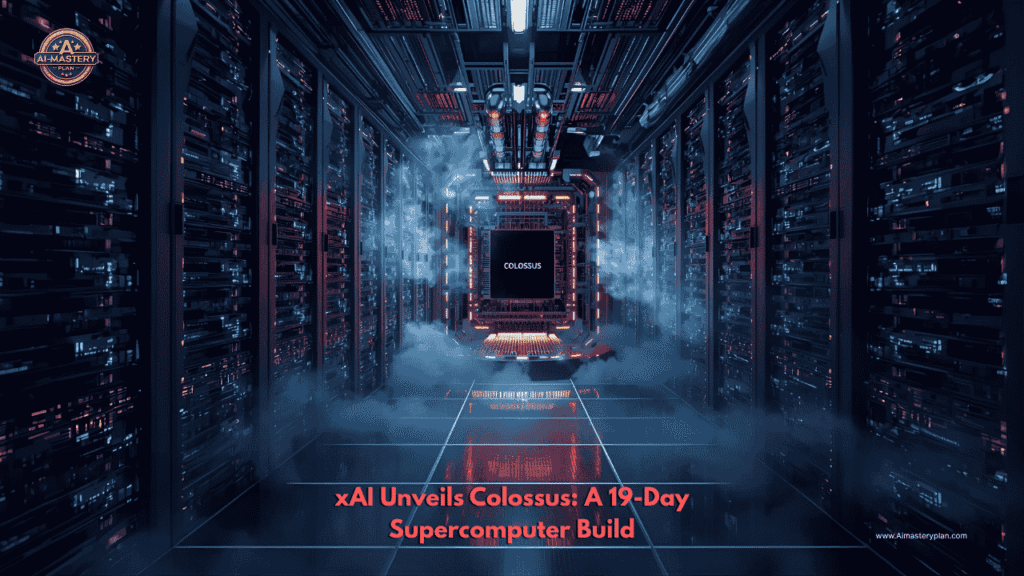 A futuristic data center with xAI’s Colossus supercomputer featuring glowing GPU racks.