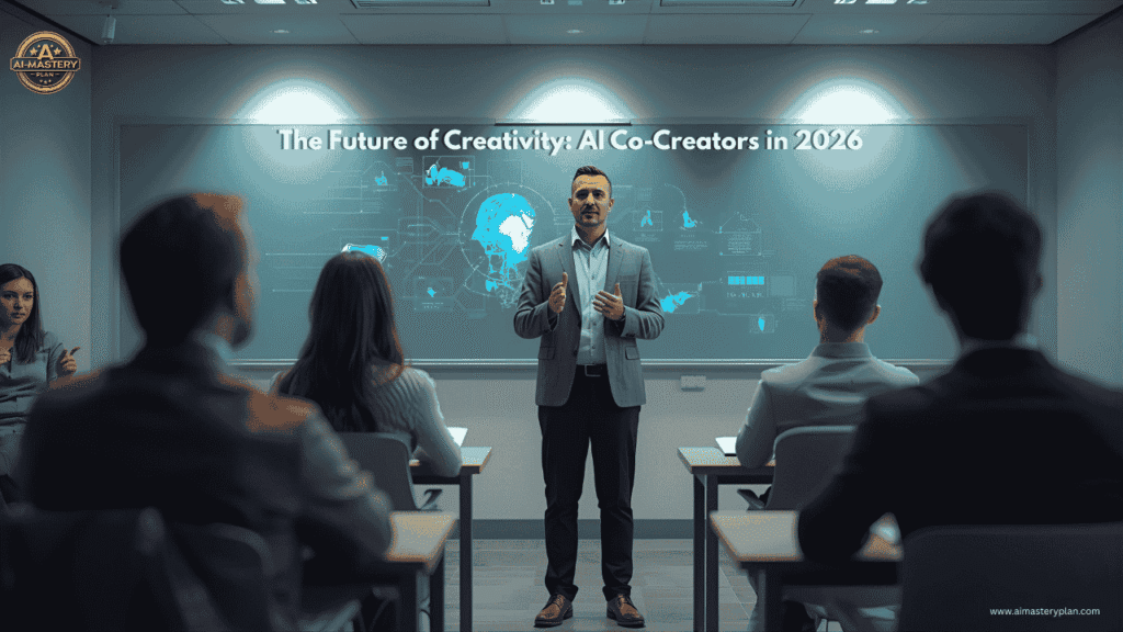 Professional explaining how AI Co-Creators will shape creativity and learning for students and creators in 2026.